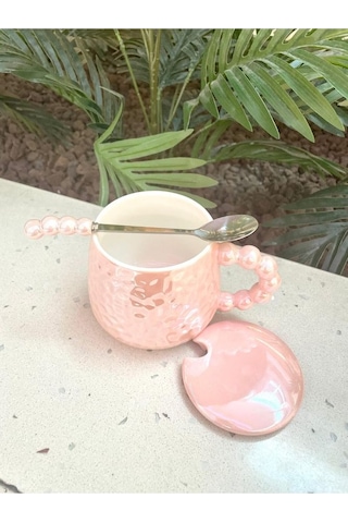İnci Kupa Mug Pembe-kupa Kapak Ve Kaşık