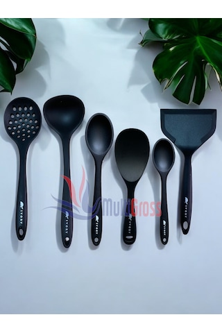 Isıya Dayanıklı Silikon Kevgir Kaşık Spatula Seti 6 Prç Siyah