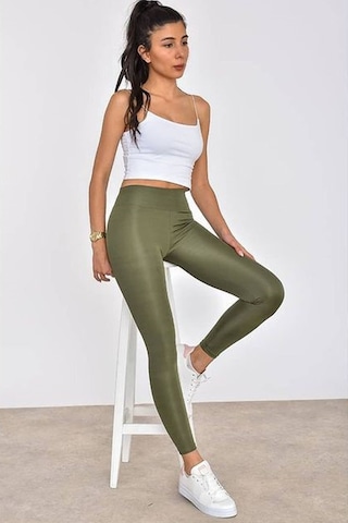 Moda Trend Kadın Slim Fit Korse Etkili Iç Göstermeyen Yüksek Bel Parlak Disko Taythaki M Haki