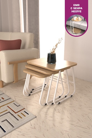 Vilinze Zigana Çok Amaçlı Beyaz Metal Ayak 3'lü Naturel Mdf Zigon Sehpa Beyaz-naturel
