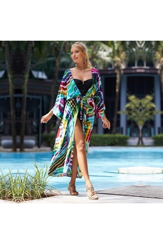 Edolynsa Yeşil Leopar Desenli Mayo Cover-up Vintage Şerit Kendinden Kemerli Kadın Yaz Uzun Kimono Elbise Plaj Bikini Cover-up Q1521 Mor