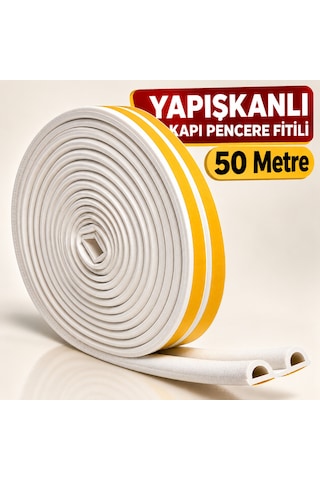 50 Metre Yapışkanlı Kapı Pencere Fitili Beyaz Boşluk Kapatıcı İzolasyon Fitili Soğuk Geçirmez Yalıtm 50 M