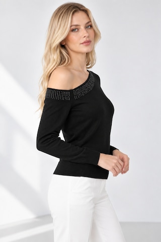 Bihan Store Kadın Triko Sandık Yaka Boncuk İşlemeli Bluz W27-2916-siyah
