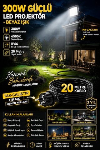 20 Metre Kablolu 300 Watt Seyyar Led Projektör Aydınlatma. Seyyar Aydınlarma Su Geçirmez Dış Mekan Ip66,beyaz Çok Güçlü Işık