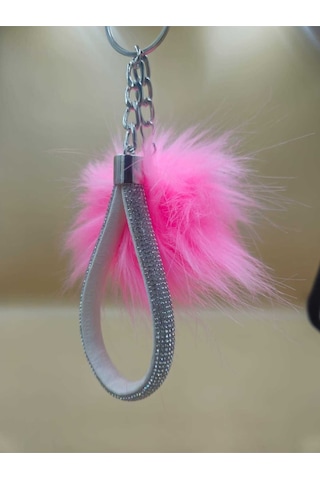 Gümüş Taşlı Tilki Tüyü Şeker Pembe Angel Anahtarlık