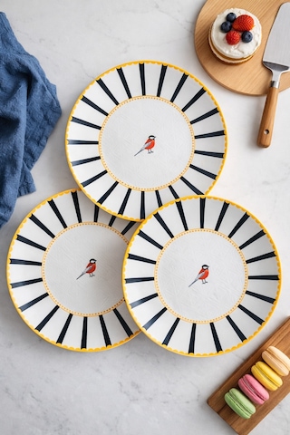 Grandora Kuş Desenli Siyah Çizgili 6 Lı Pasta Ve Tatlı Tabağı Seti 20 Cm Modern Sunum Ve Kahvaltı Tabakları Siyah