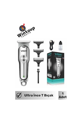 Wintoup Özel Seri Ultra ince T Bıçak Mini Şarjlı Gümüş Profesyonel Saç Sakal Tıraş Makinesi