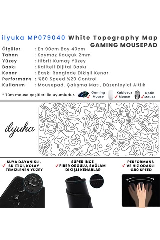 White Topography Map İlyuka Mp079040 Xxl Gaming Mouse Pad 90x40cm