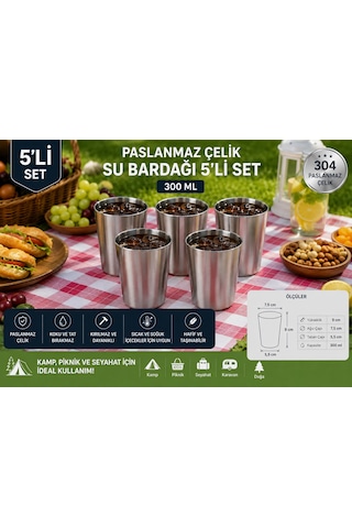 Taşdemir 5'li Paslanmaz Çelik Bardak Seti Metal Kupa Bardak Kamp Piknik Ev Kullanımı Gümüş