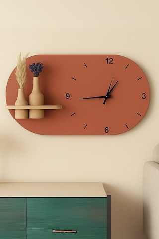 Modern Tasarım Raflı Nera Duvar Saati 75x45 Turuncu