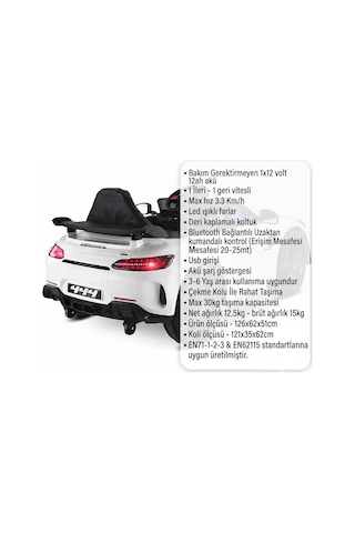 444 Gtr Sport Akülü Araba Deri Kaplama-uzaktan Kumandalı 30 Kg Taşıma - Usb Girişli 12v Beyaz