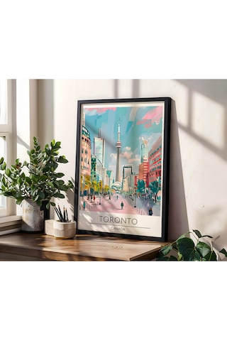Toronto Canada Travel Poster Ahşap Çerçeveli Dekoratif Duvar Tablosu