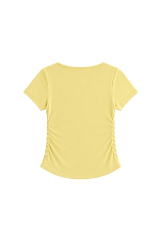 Vadon 1006 Kadın Pamuklu Kare Yaka Yan Büzgü Detaylı Basic Crop T-shirt Bluz Tereyağı Sarısı Sarı