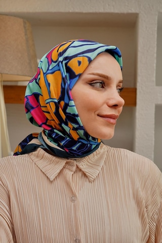 Afvente Yaprak Desen Mavi Soft Pamuk Eşarp