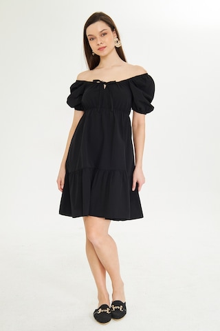 Beli Lastikli Buzgulu Poplin Elbise Siyah