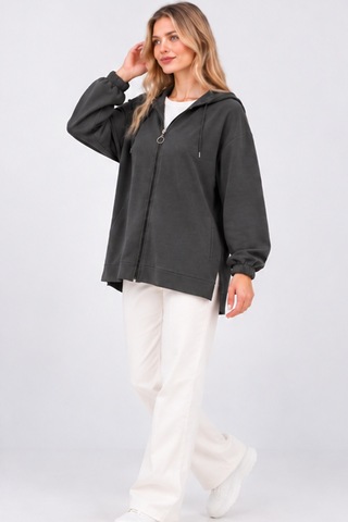 Fiolin Kristal 2 İplik Salaş Fermuarlı Sweatshirt Füme