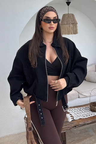 Blanco Kadın Kemer Detaylı Kot Ceket Oversize Fermuarlı Denim Ceket Siyah Siyah
