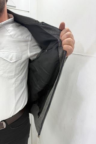 Santa Dmctekstil Erkek Snt-853 Desenli Klasik Kesim Rahat Kalıp Hakim Yaka Kışlık Battal Yünlü Ceket Gri