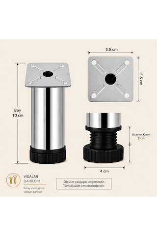 4 Adet Metal Ayarlanabilir 10 Cm Krom Destek Ayağı Mobilya Kanepe Baza Koltuk Dolap Sehpa Tv Ünitesi Ayağı
