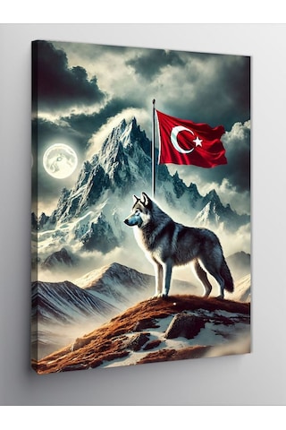Kanvas Tablo Kurt Ve Türk Bayrağı 100cmx140cm