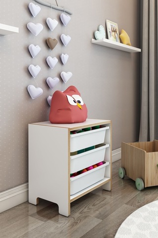 3 Sepetli Çok Amaçlı Oyuncak Dolabı Mdf Beyaz Beyaz
