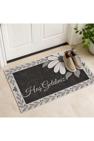 Kartela Halı Hoş Geldiniz Yazılı Papatyalı Kapı Paspası Antrasit Kaymaz Kauçuk Taban 60x90 Cm