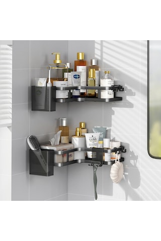 Springsun Duvar Üstü Köşe Depolama Rafı - Duvarı Bozmadan Kurulur - Banyo/mutfak İçin İki Katlı Beyaz Organize Rahatlığı Diğer