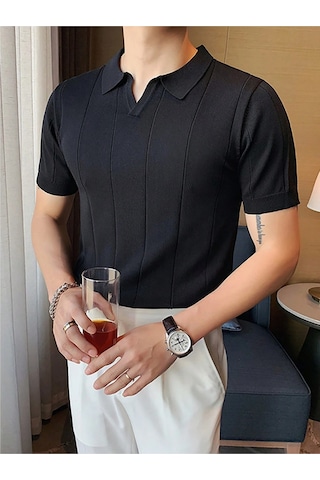 Erkek Çizgili Kısa Kollu Triko T-shirt Siyah