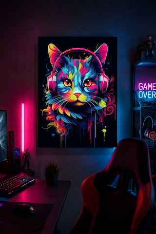 Kulaklıklı Kedi Metal Duvar Tablosu Neon Gamer Oda Dekoru 30x40 Cm A3 Boyutunda