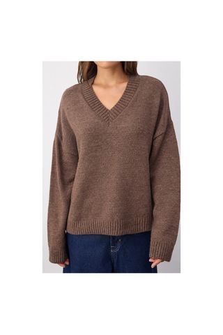 Maison Velora Kadın Kahverengi V Yaka Uzun Kollu Rahat Kesim Basic Triko Kazak Kahverengi 923553266 Kahverengi