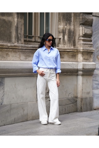 Kadın Beyaz Renk Palazzo Önü Starlight Parlak Taşlı Tasarım Denim Beyaz