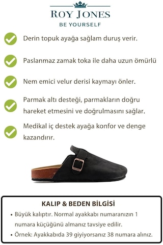 Roy Jones Kadın Ortopedik Yumuşak Tabanlı Terlik Önü Kapalı Paslanmaz Tokalı Kaymaz Sabo Ev Dışarı Terliği Siyah