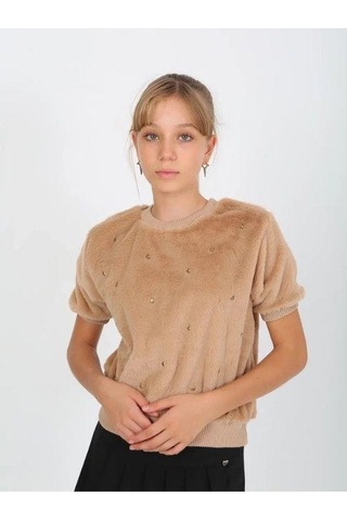 Kız Çocuk Peluş Taş Detaylı Kısa Kollu Kazak-14822 Kahverengi