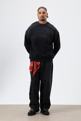 Vamos Yıkamalı Taş Detaylı Oversize Sweatshirt Siyah