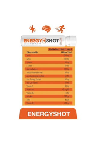 Energyshot 3 Lü Ginseng Complex, Guarana, Kafein, Taurin Ve Vitaminler İçeren Gıda Takviyesi 7 Shot