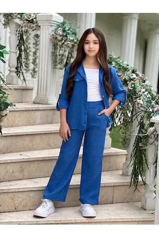 Modavals Kol Katlamalı Keten Gömlek Cepli Keten Alt & Suprem Askılı Badi 3lü Kız Çocuk Takım Saks