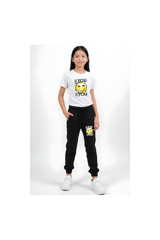 Be You Emoji Baskılı Kız Çocuk Tişört Ve Eşofman Alt-üst Takım Beyaz