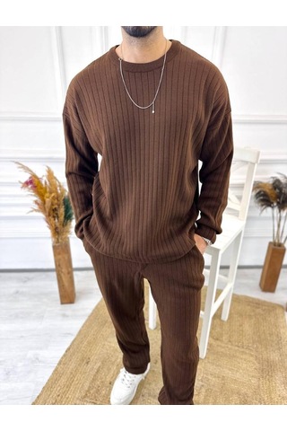 Uzun Kollu Tişört Fitilli Örme Triko Yumuşak Dokulu Tüylenmez Pamuklu Kazak Sweatshirt Kahverengi