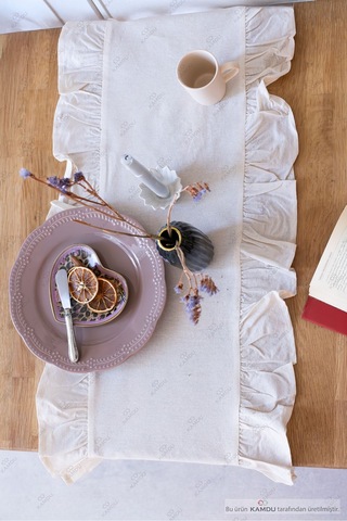 Düz Bej 40x125 Cm Vintage Fırfırlı %100 Keten Pamuklu Amerikan Runner Bej