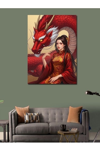 Kanvas Tablo Ejderha Ve Kırmızı Elbiseli Kadın 50cmx70cm