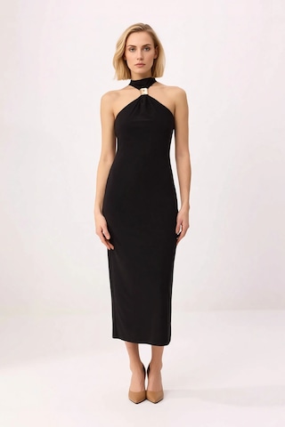 Benerly Kadın Bodycon Halter Yaka Kolsuz Midi Esnek Örme Elbise Aksesuar Siyah