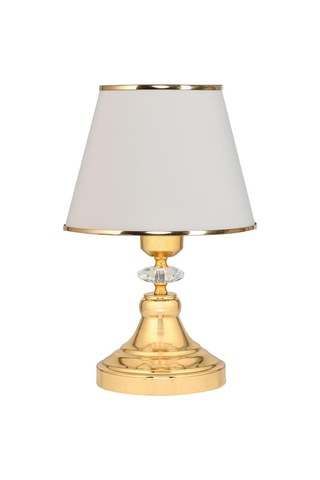 Art Deco Tarz Kristal Taş Süslü Metal Ayak Ve Gold Şeritli Krem Başlık 2'li Abajur Seti İki Adet Krem