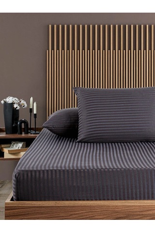 Antrasit Pamuklu Çizgili Saten Lastikli Çarşaf Takımı Tek Kişilik + 1 Yastık Kılıfı Antrasit