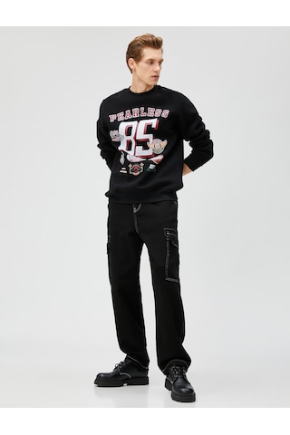 Koton Motosiklet Baskılı Sweatshirt Uzun Kollu Bisiklet Yaka Siyah 3sam70168mk Siyah