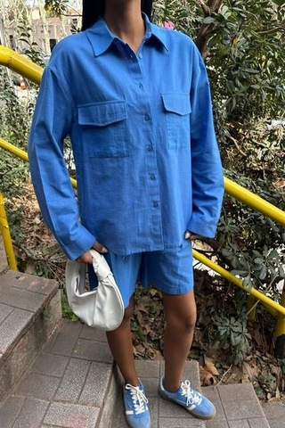 Gömlek Ve Şort Flamlı Keten Takım 10130 Mavı