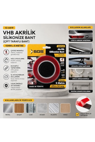 Sgs-2523 Vhb Akrilik Silikonize Bant 15mmx5yrd Bandı Çift Taraflı Bant Diğer