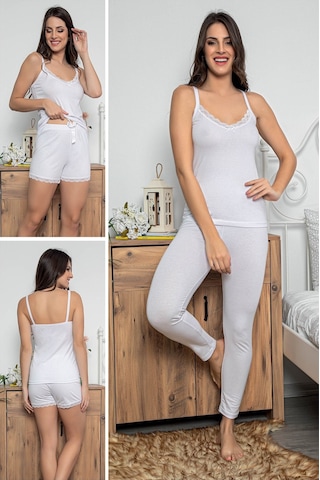 Kadın Beyaz Renkli Dantel Detaylı Şortlu Ve Taytlı Pijama Takımı 3'lü Set 75020 Beyaz