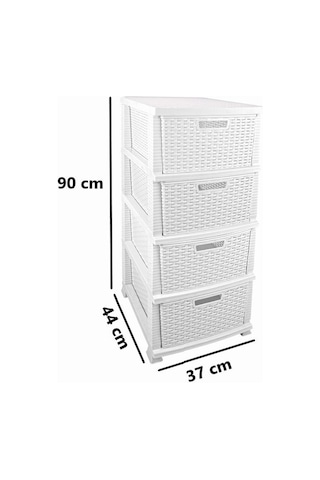 Omnipazar Srl-4002 Rattan Hasır Desen Plastik Komidin Mutfak Sebzelik 4 Katlı Beyaz