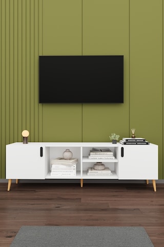 Asra Trend Tv Ünitesi T-09 %100 MDF 180 cm Tv Sehpası Dolaplı Raflı Beyaz