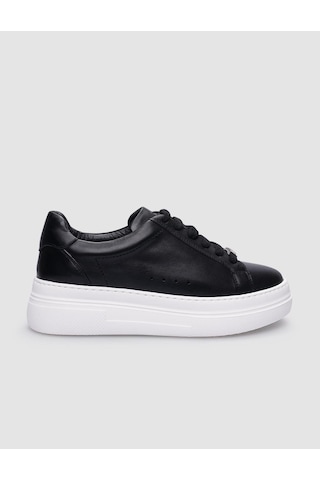 %100 Hakiki Deri Siyah Bağcıklı Kadın Sneaker-siyah Siyah